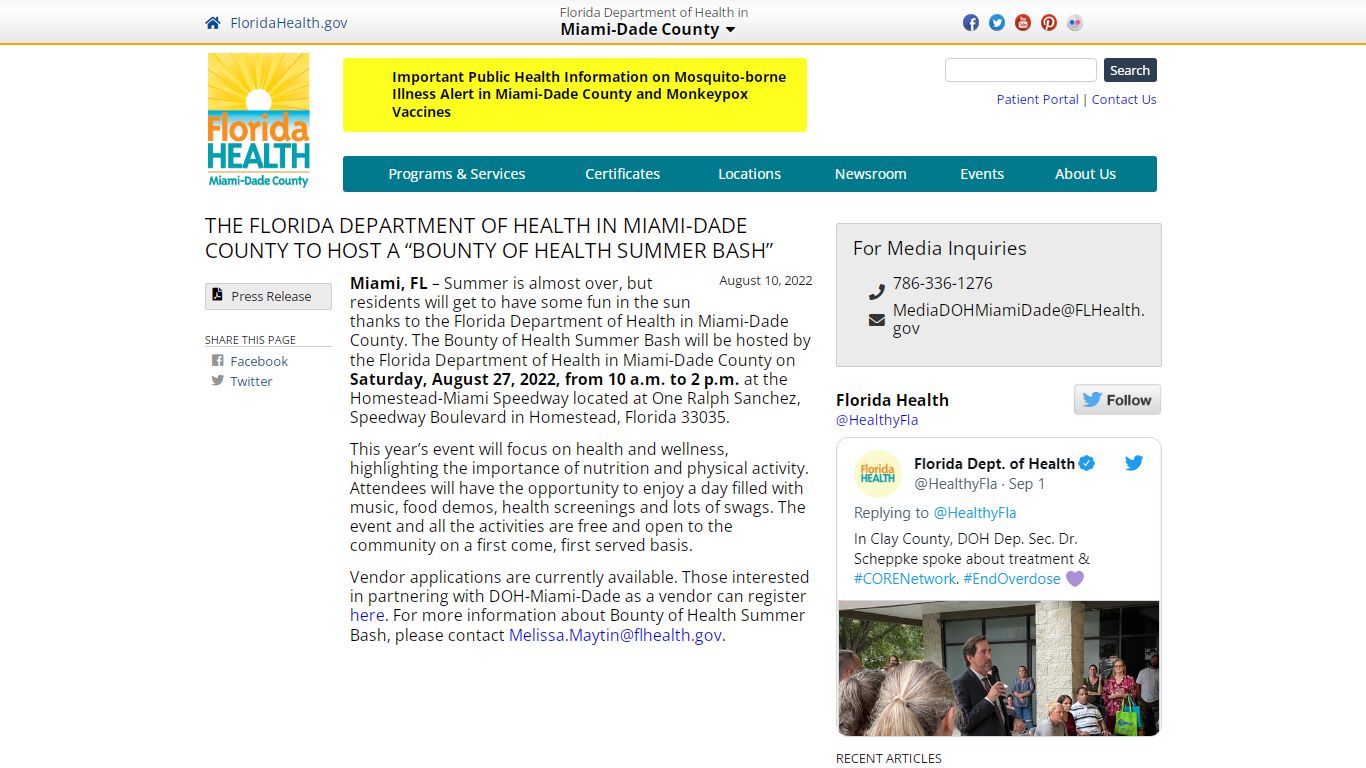 THE FLORIDA DEPARTMENT OF HEALTH IN MIAMI-DADE COUNTY TO HOST A “BOUNTY ...